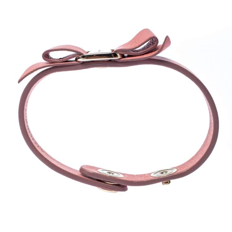 Pre Owned Salvatore Ferragamo Vara Bow Pink Leather Gold Tone Bracelet