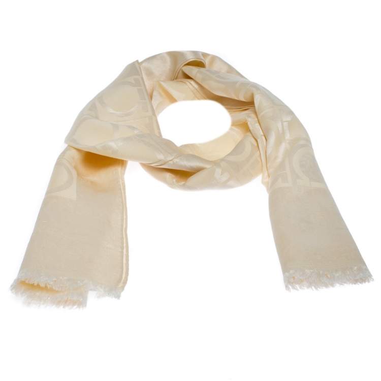 Pre Owned Salvatore Ferragamo Cream Gancini Wool Silk Blend Scarf