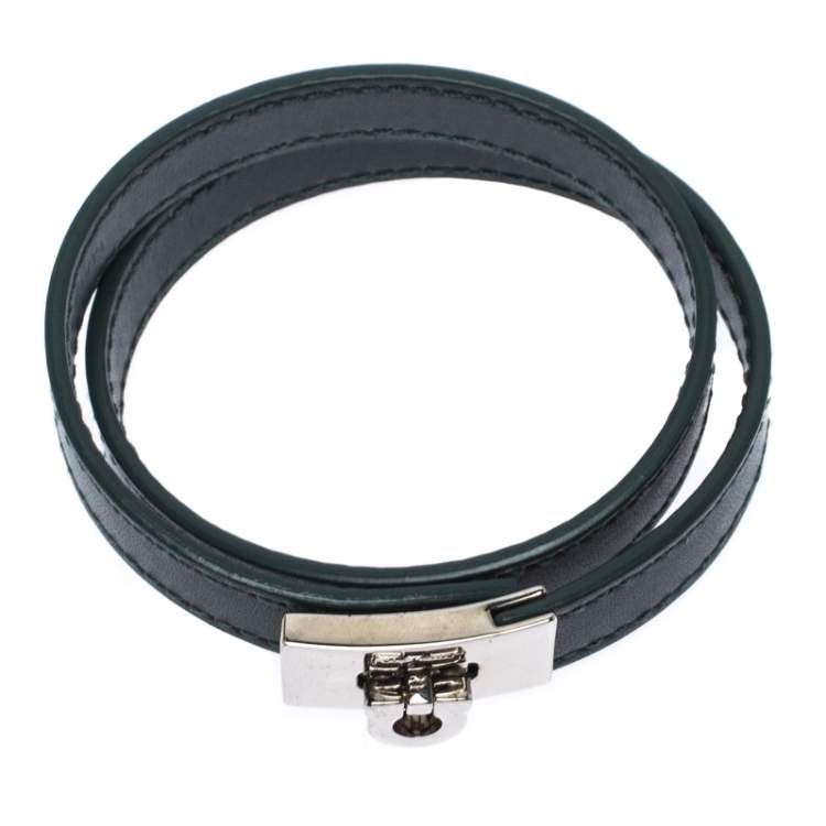 Pre Owned Salvatore Ferragamo Moss Green Leather Gancini Double Wrap Bracelet 