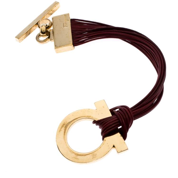 Pre Owned Salvatore Ferragamo Burgundy Gancio Leather Multi Strand Toggle Bracelet