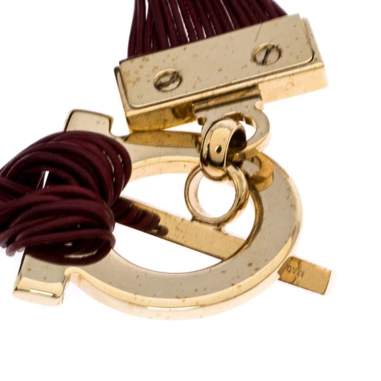Pre Owned Salvatore Ferragamo Burgundy Gancio Leather Multi Strand Toggle Bracelet