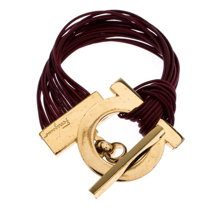 Pre Owned Salvatore Ferragamo Burgundy Gancio Leather Multi Strand Toggle Bracelet