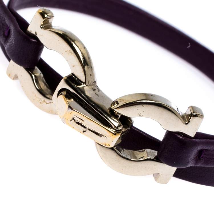Pre Owned Salvatore Ferragamo Purple Leather Gancini Double Wrap Bracelet  