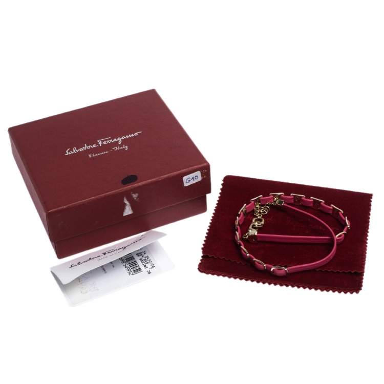Pre Owned Salvatore Ferragamo Varini Pink Leather Gold Tone Double Wrap Adjustable Bracelet