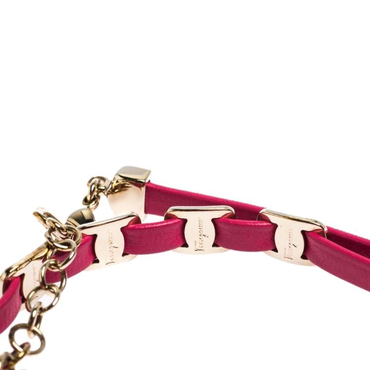 Pre Owned Salvatore Ferragamo Varini Pink Leather Gold Tone Double Wrap Adjustable Bracelet