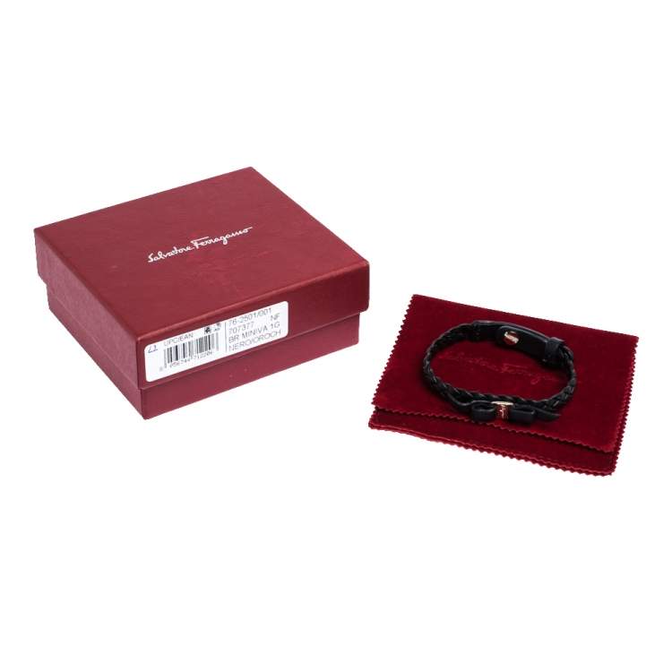 Pre Owned Salvatore Ferragamo Black Braided Leather Bow Bracelet 