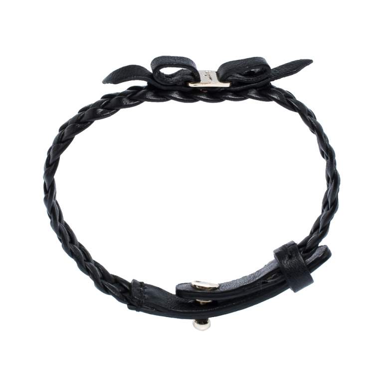 Pre Owned Salvatore Ferragamo Black Braided Leather Bow Bracelet 