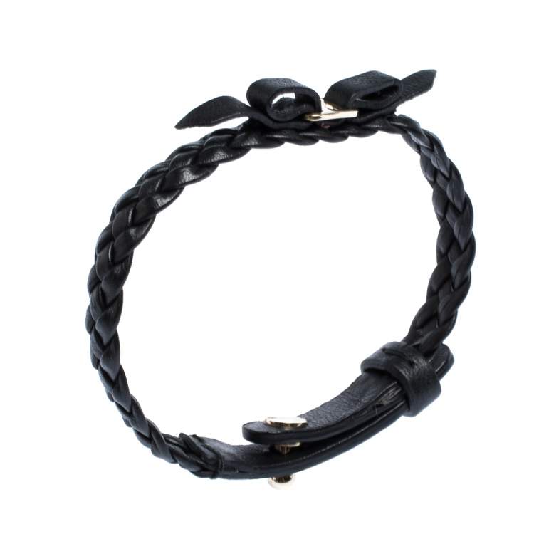 Pre Owned Salvatore Ferragamo Black Braided Leather Bow Bracelet 