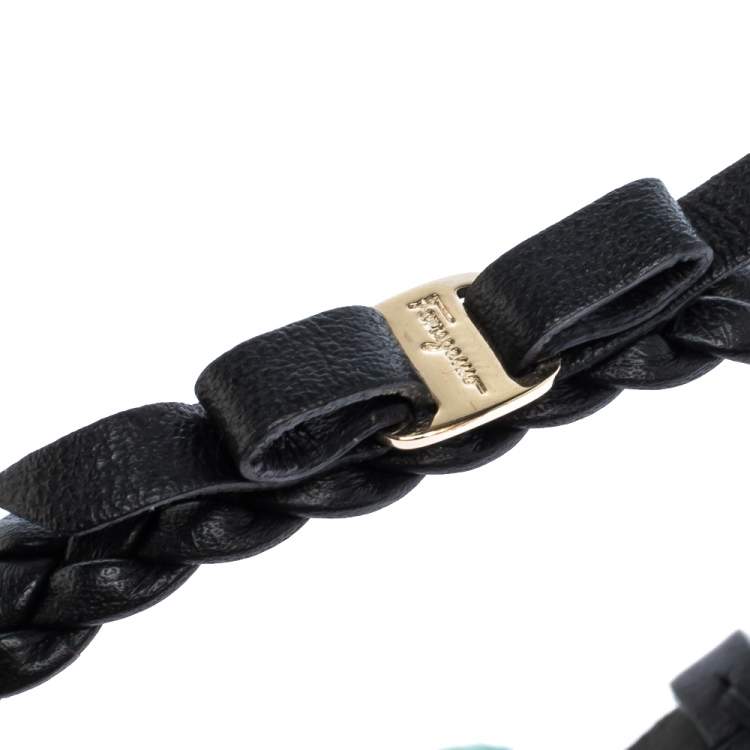 Pre Owned Salvatore Ferragamo Black Braided Leather Bow Bracelet 