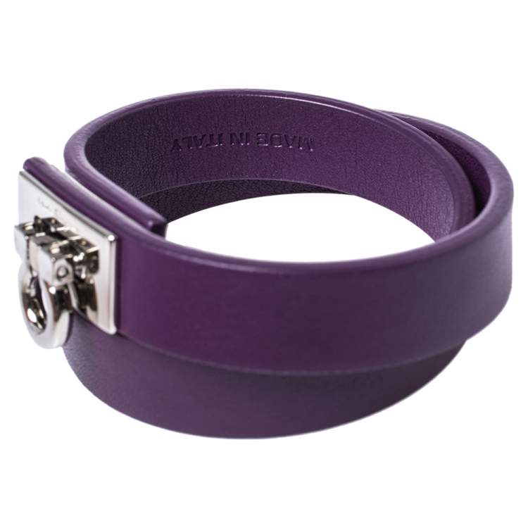 Pre Owned Salvatore Ferragamo Purple Leather Gancini Lock Double Wrap Bracelet
