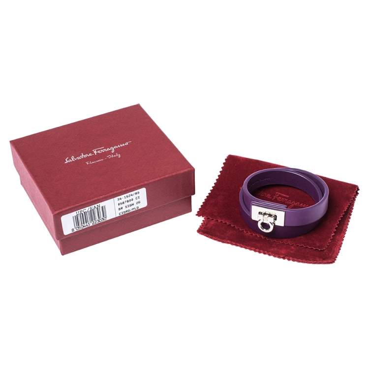 Pre Owned Salvatore Ferragamo Purple Leather Gancini Lock Double Wrap Bracelet