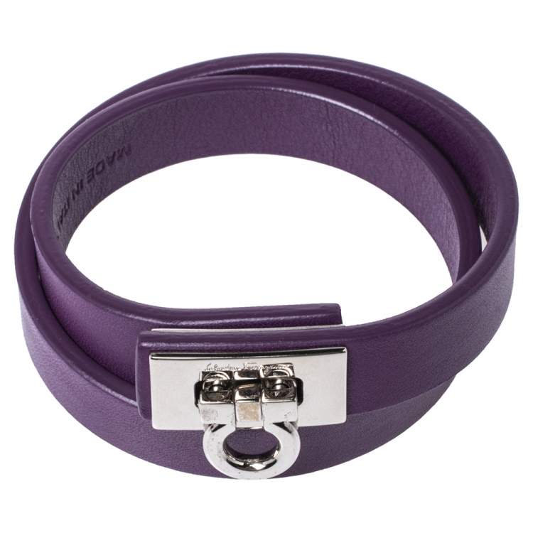 Pre Owned Salvatore Ferragamo Purple Leather Gancini Lock Double Wrap Bracelet