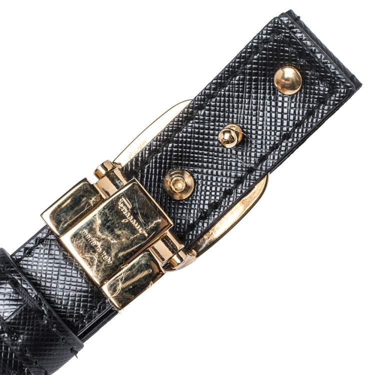 مملوكة مسبقًا Salvatore Ferragamo Black Leather Vara Bow Slim Belt 90CM
