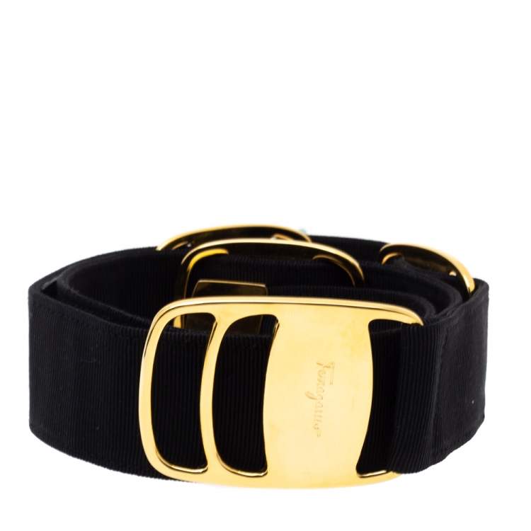 Pre Owned Salvatore Ferragamo Black Canvas Metal Link Belt 90CM