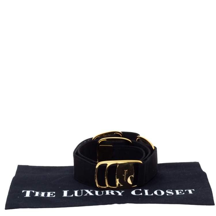 Pre Owned Salvatore Ferragamo Black Canvas Metal Link Belt 90CM