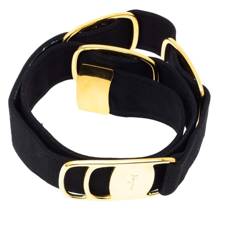 Pre Owned Salvatore Ferragamo Black Canvas Metal Link Belt 90CM