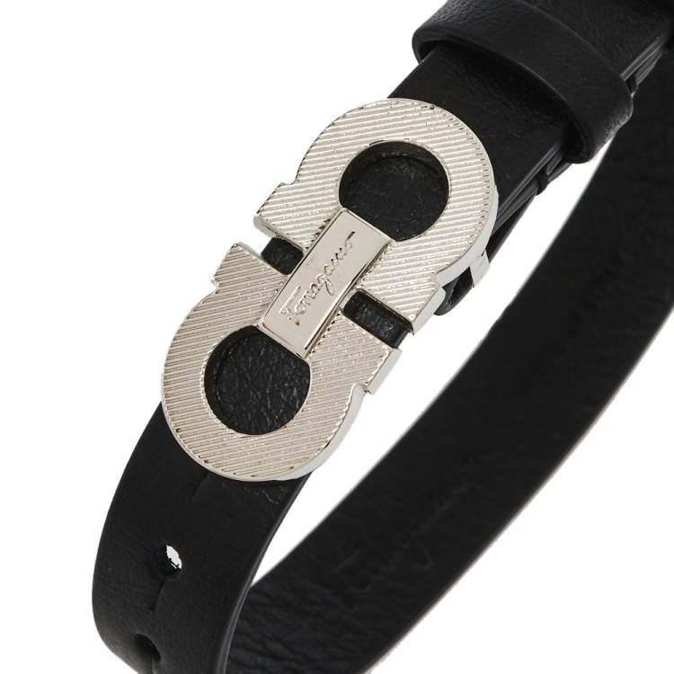 Pre Owned Salvatore Ferragamo Black Gancini Rigato Leather Bracelet