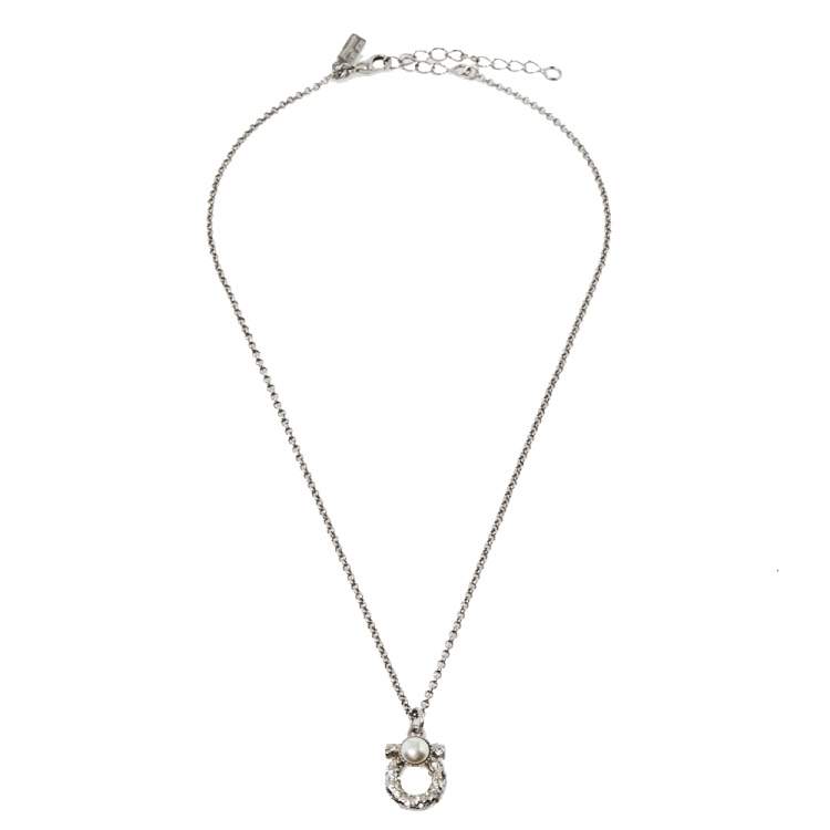 Pre Owned Salvatore Ferragamo Crystal & Faux Pearl Gancini Neckalce