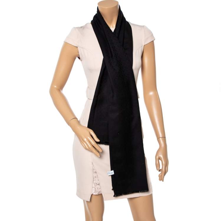 Pre Owned Salvatore Ferragamo Black Logo Monogram Silk & Wool Scarf