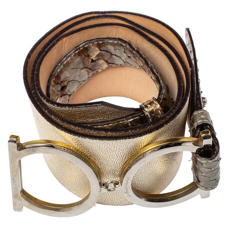 Pre Owned Salvatore Ferragamo Metallic Gold Python And Leather Waist Belt 80 CM