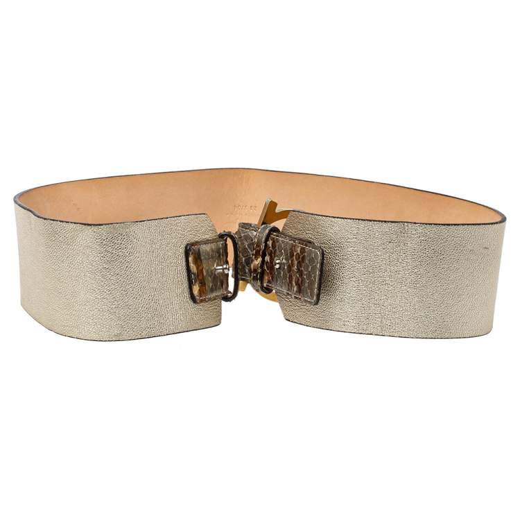 Pre Owned Salvatore Ferragamo Metallic Gold Python And Leather Waist Belt 80 CM