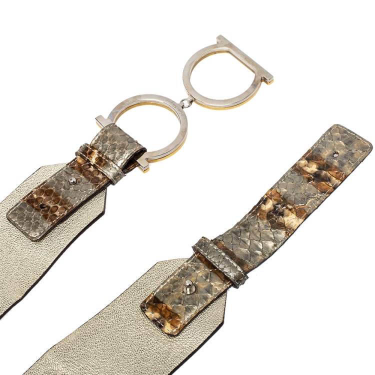Pre Owned Salvatore Ferragamo Metallic Gold Python And Leather Waist Belt 80 CM