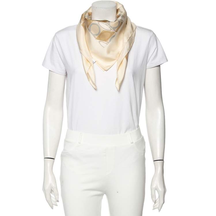 Pre Owned Salvatore Ferragamo Beige Gancini Print Silk Scarf