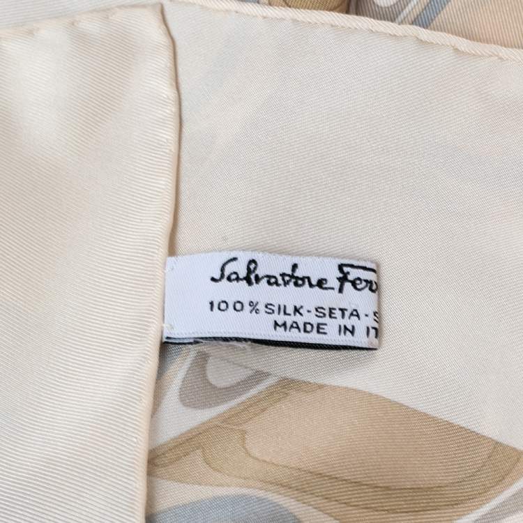 Pre Owned Salvatore Ferragamo Beige Gancini Print Silk Scarf