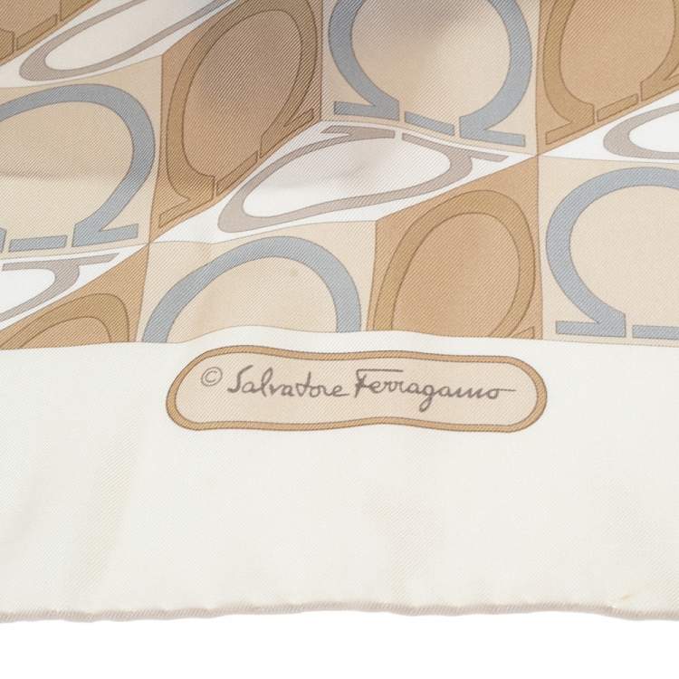 Pre Owned Salvatore Ferragamo Beige Gancini Print Silk Scarf