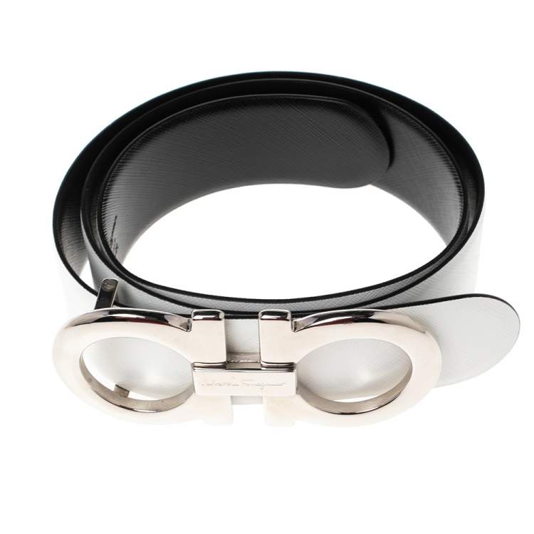 Pre Owned Salvatore Ferragamo White Leather Gancini Buckle Waist Belt 80 CM