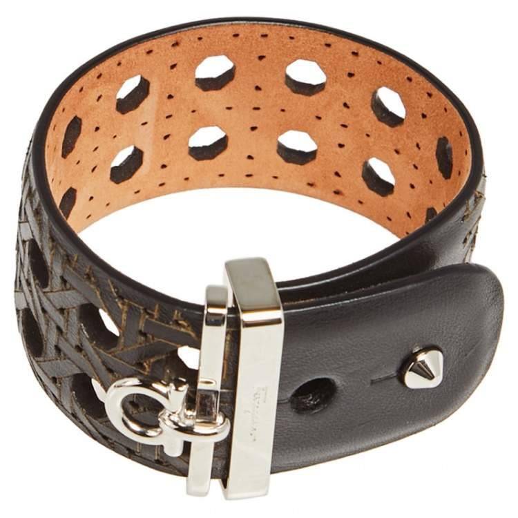 مملوكة مسبقًا Salvatore Ferragamo Dark Brown Leather Wicker Patterned Wide Bracelet