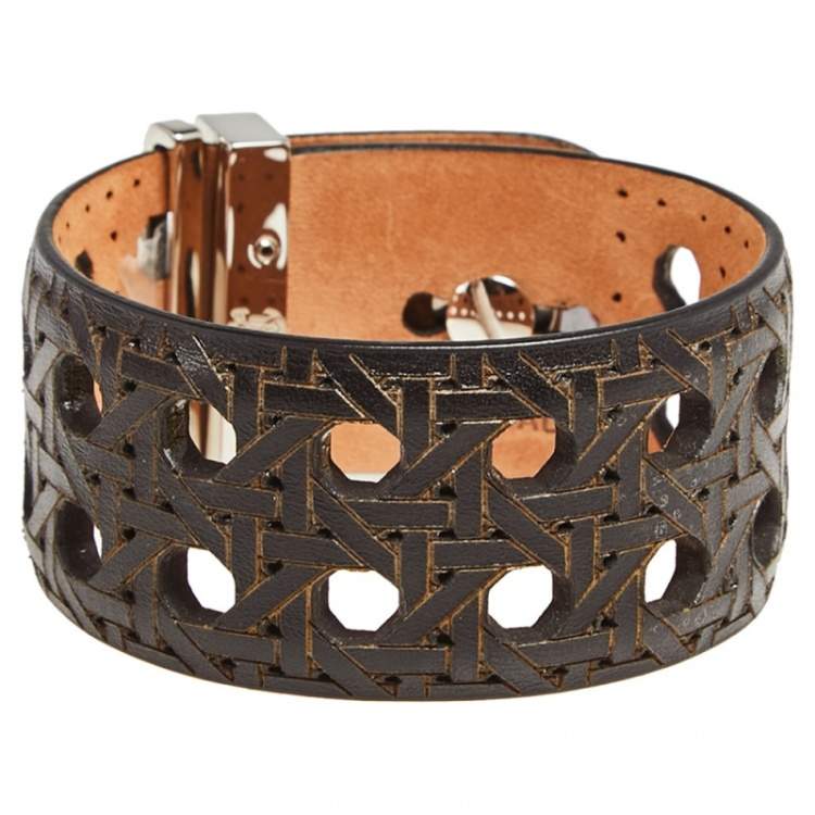 مملوكة مسبقًا Salvatore Ferragamo Dark Brown Leather Wicker Patterned Wide Bracelet