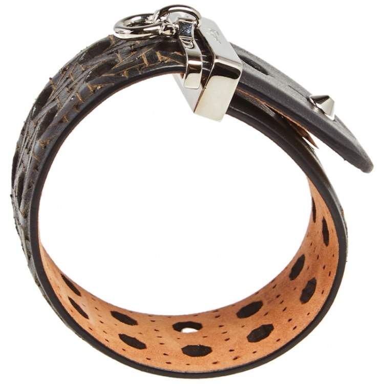 مملوكة مسبقًا Salvatore Ferragamo Dark Brown Leather Wicker Patterned Wide Bracelet