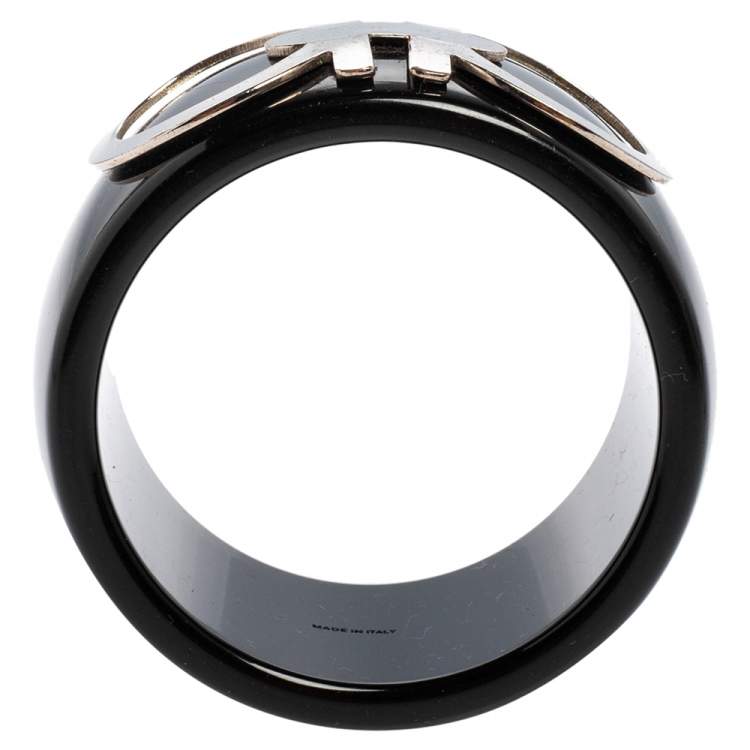 Pre Owned Salvatore Ferragamo Black Resin Silver Tone Logo Bangle Bracelet