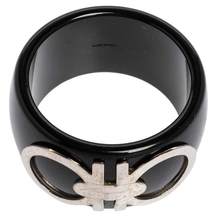 Pre Owned Salvatore Ferragamo Black Resin Silver Tone Logo Bangle Bracelet