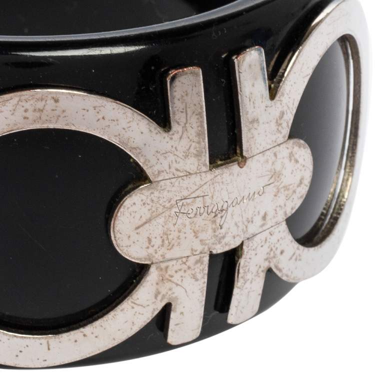 Pre Owned Salvatore Ferragamo Black Resin Silver Tone Logo Bangle Bracelet