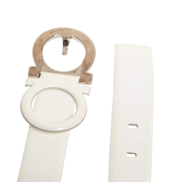 Pre Owned Salvatore Ferragamo White Patent Leather Gancini Buckle Belt 85CM
