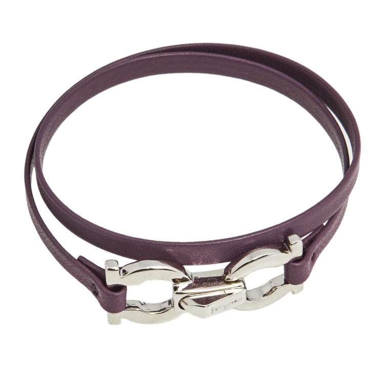 مملوكة مسبقًا Salvatore Ferragamo Silver Gancini Purple Leather Wrap Bracelet