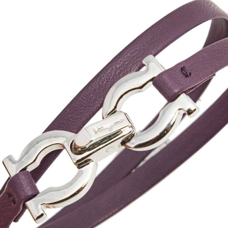 مملوكة مسبقًا Salvatore Ferragamo Silver Gancini Purple Leather Wrap Bracelet