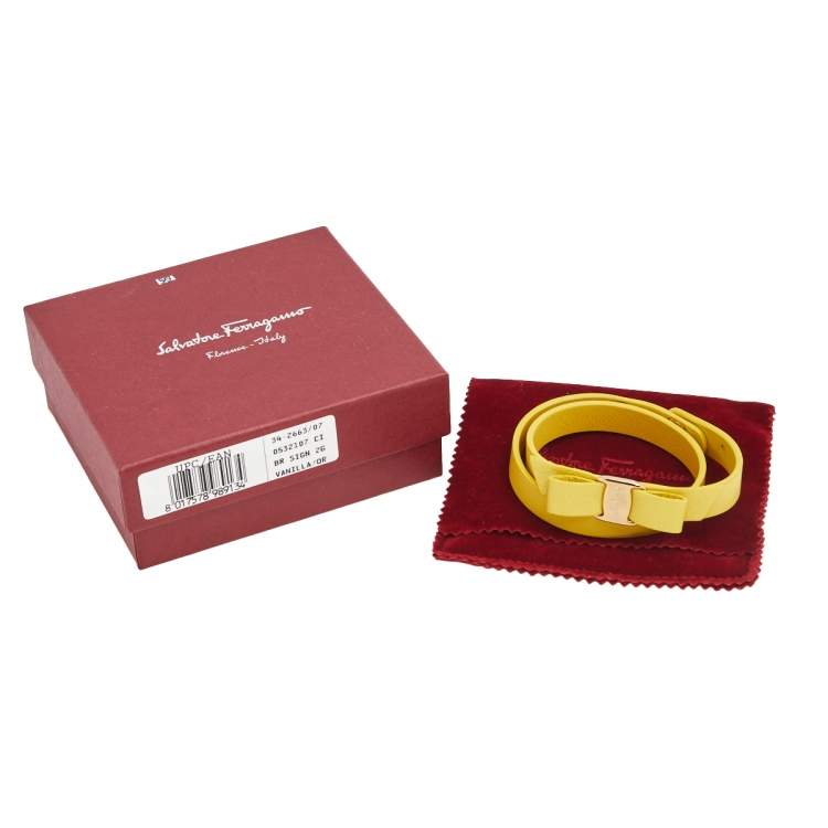 Pre Owned Salvatore Ferragamo Yellow Leather Vara Bow Double Wrap Bracelet