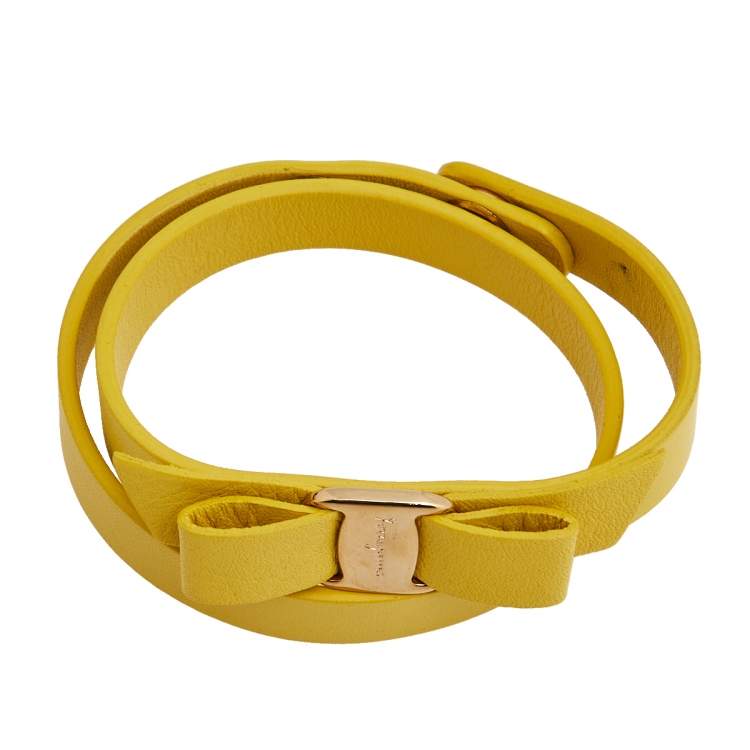 Pre Owned Salvatore Ferragamo Yellow Leather Vara Bow Double Wrap Bracelet