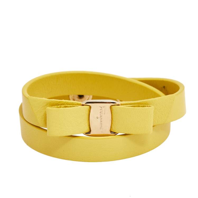 Pre Owned Salvatore Ferragamo Yellow Leather Vara Bow Double Wrap Bracelet