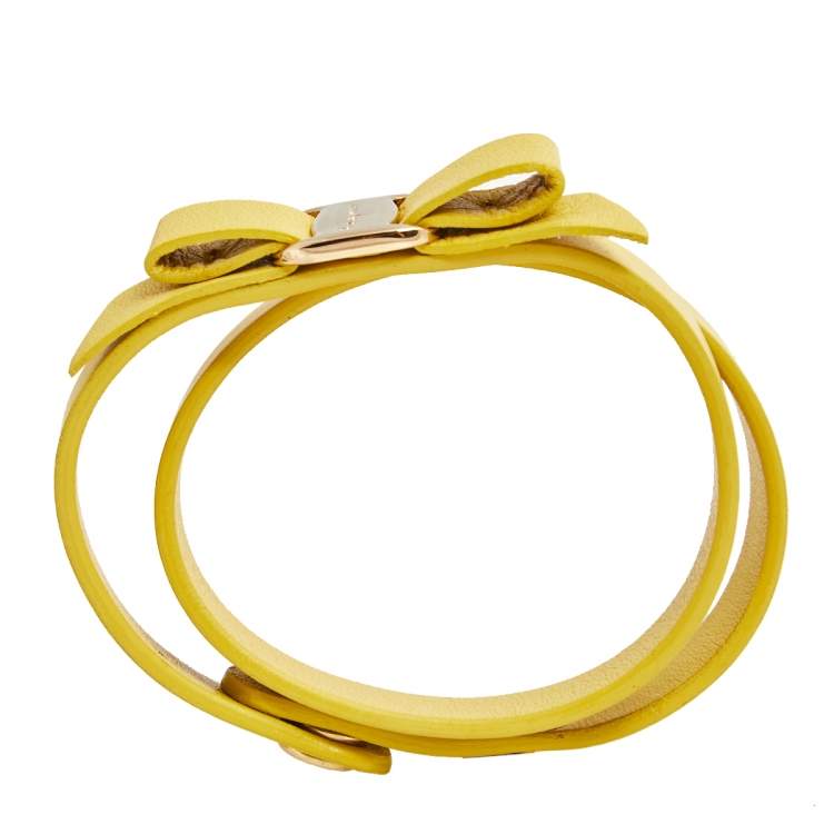 Pre Owned Salvatore Ferragamo Yellow Leather Vara Bow Double Wrap Bracelet