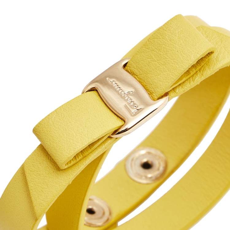 Pre Owned Salvatore Ferragamo Yellow Leather Vara Bow Double Wrap Bracelet