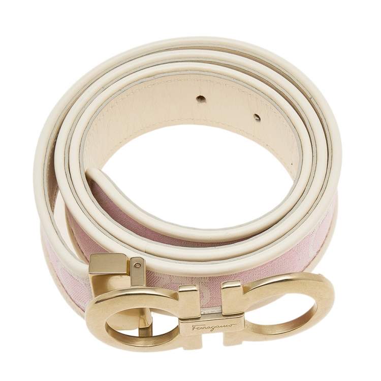 مملوكة مسبقًا Salvatore Ferragamo Pink/White Canvas and Leather Gancini Buckle Cut to Size Belt