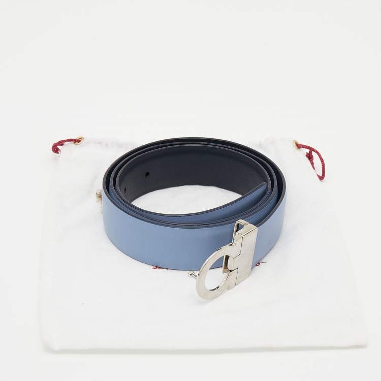Pre Owned Salvatore Ferragamo Navy/Light Blue Leater Single Gancio Reversible Belt Size 85cm