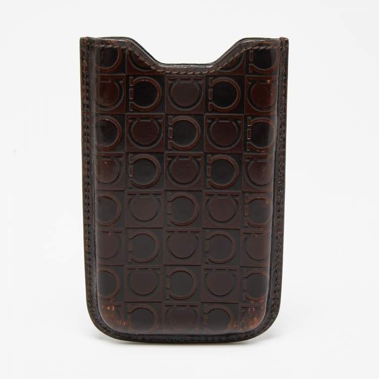 Pre Owned Salvatore Ferragamo Brown Gancio Embossed Glossy Leather Phone Cover