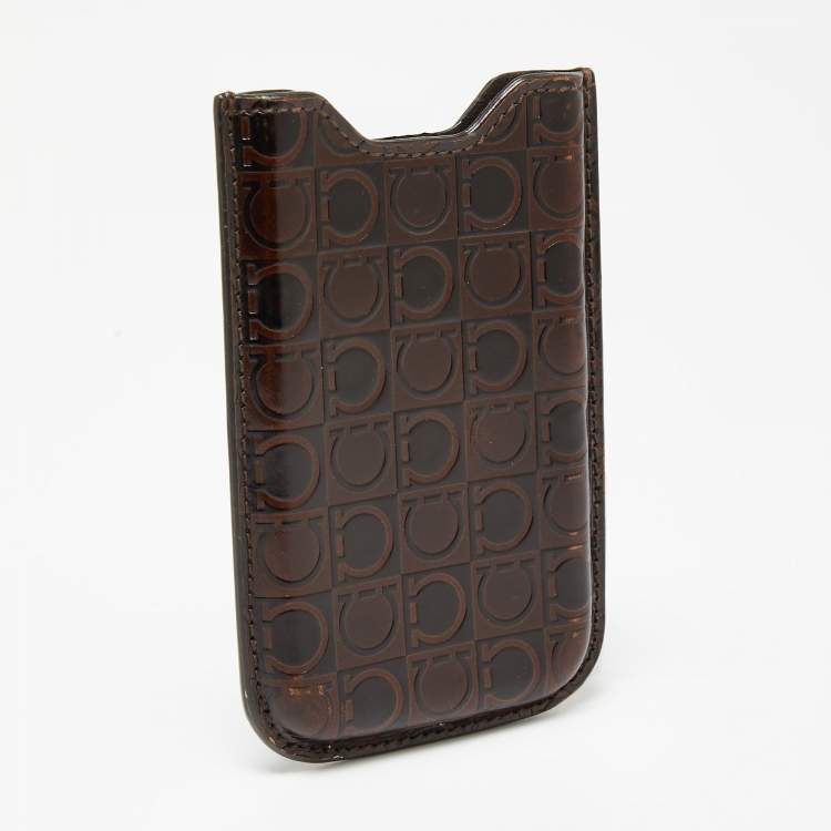 Pre Owned Salvatore Ferragamo Brown Gancio Embossed Glossy Leather Phone Cover