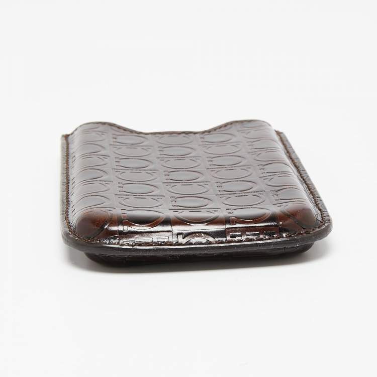 Pre Owned Salvatore Ferragamo Brown Gancio Embossed Glossy Leather Phone Cover