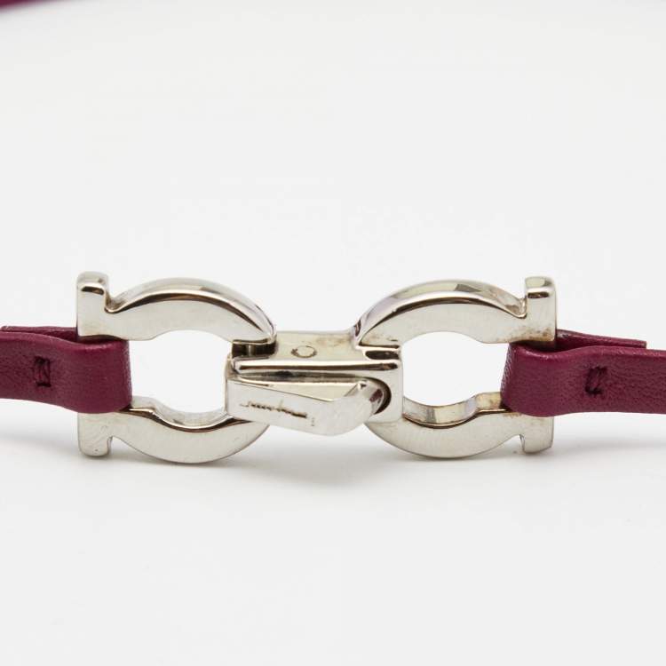 Pre Owned Salvatore Ferragamo Gancini Purple Leather Silver Tone Metal Double Wrap Bracelet